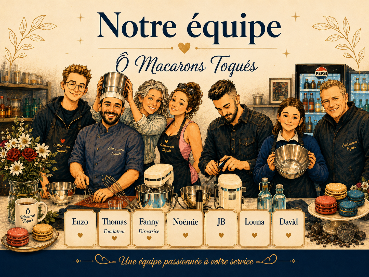L’équipe Ô Macarons Toqués : Enzo, Thomas, Fanny, Noémie, JB, Louna et David